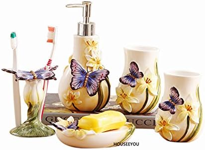 HOALLME European Style Butterfly Floral Decor Ceramics Suite Bathroom Accessories Set Soap Dish Box Lotion Dispenser Toothbrush Holder Tumblers Cup 5pcs/set