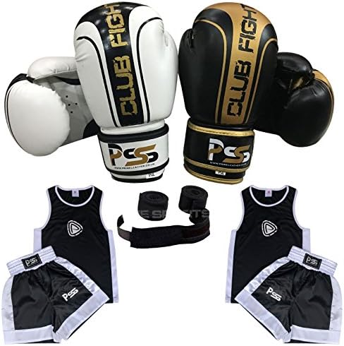 Prime LeatherPSS Ultimate Kids Boxing Uniform Set of 5 Pieces Comfortable Student Uniform age 3-14 Years Boxing Gloves 6-OZ Free Boxing Wraps Color White & Black 1006 (1006-White-CF-6OZ, 5-6 Years)