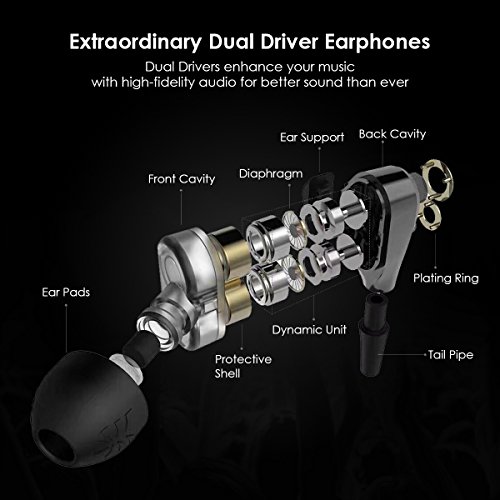 Earbuds, UiiSii DT200 In Ear Headphones with Microphone and Volume Control, Dual Drivers Earphones with HiFi Audio, Deep Bass for Noise Isolating, Compatible with Apple Headphones, Android(Black) - Thumbnail 3