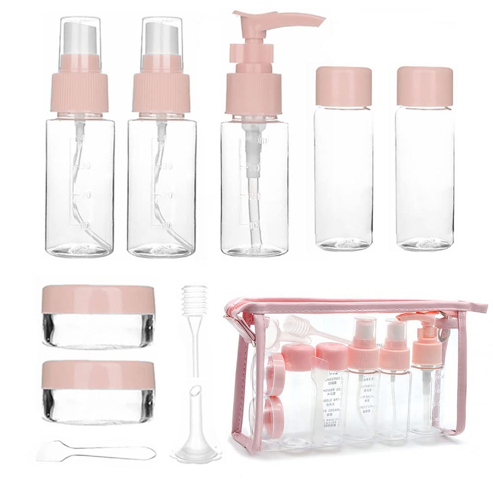 HYMUUNI 10 Pcs Set Pink Travel Bottles Plastic Travel Bottles Air Travel Size Bottle for Business or Personal Travel Fun Outdoors Cosmetic Shampoo Lotion Makeup Shower Hand Soap (PINK)