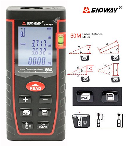SNDWAY SW-T60 60M 197FT Laser Distance Meter Digital Diastmeter Laser Range Finder Meter Area Volume Measure Tool with LCD 4 Line Display