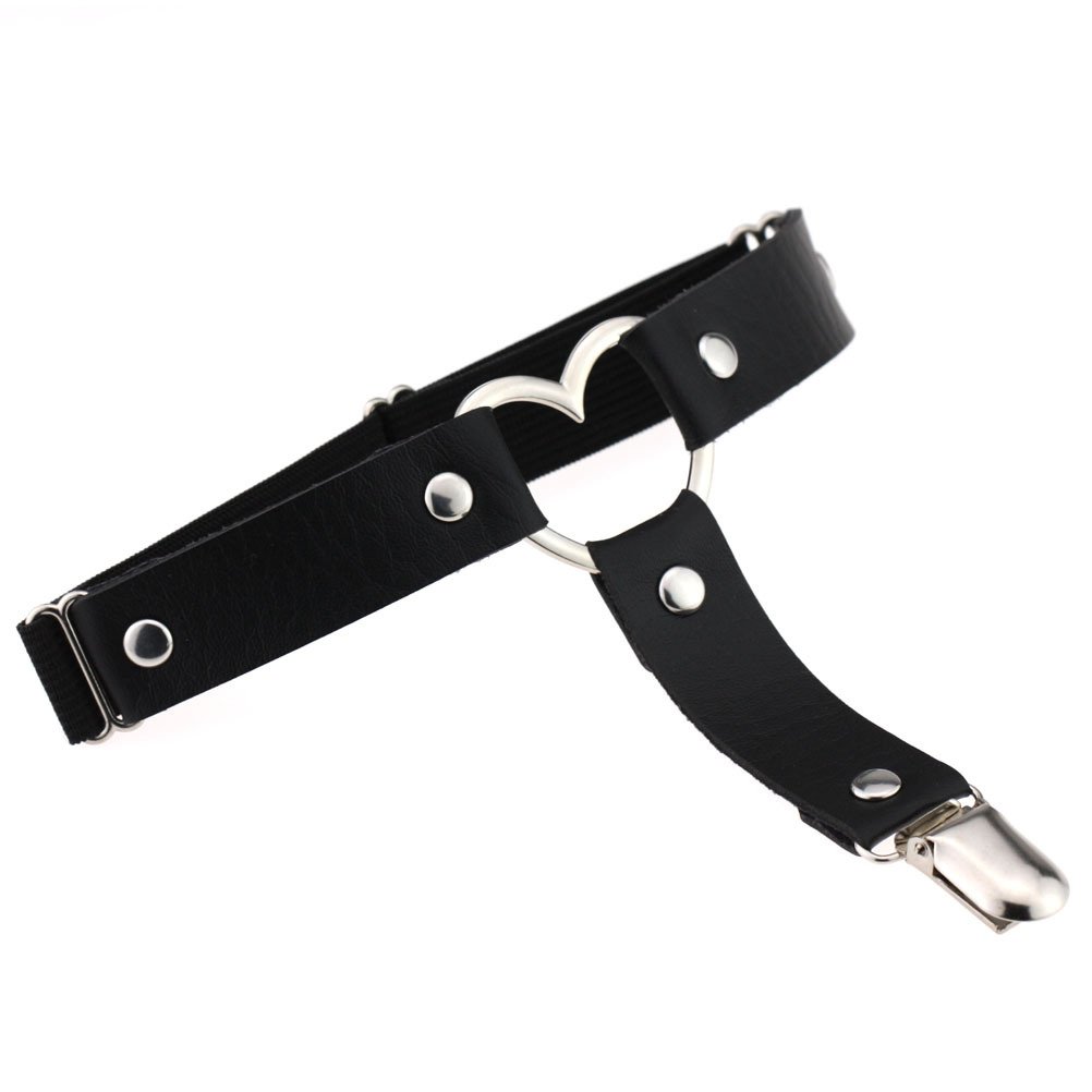 Women Adjustable Leather Thigh Garter, Heart Shaped Leg Garter with Clips punk goth Garters for thigh high socks
