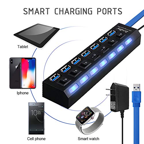 USB HUB 3.0 Splitter for Ps4,2win2buy 7 Port USB Data Hub with Power Adapter and Charging Port,Individual On Off Switches & Lights for Laptop PC Computer Mac Playstation 4 Slim Pro Flash Drive