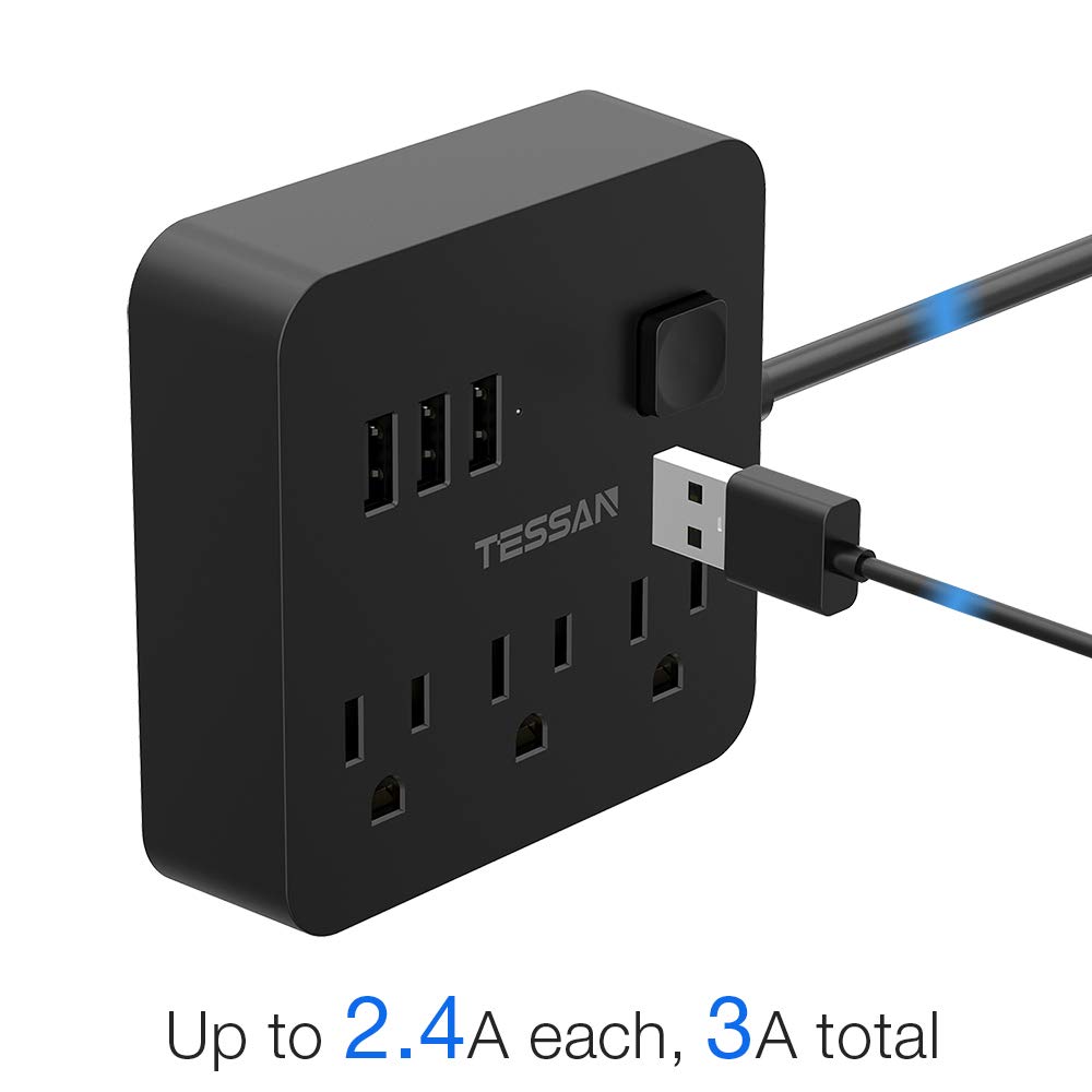 Power Strip with 3 USB & Switch Control, Desktop Charging Station Portable Travel Size - Black