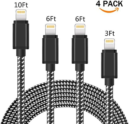 Lightning Cable[4 Pack], (3FT 6FT 6FT 10FT) Nylon Braided charger cable Cord Lightning to USB Cable support iPhone 8/X 7/7 Plus/6/6s/6 Plus/6s Plus, iPad Pro/Air/mini, iPod Black+white