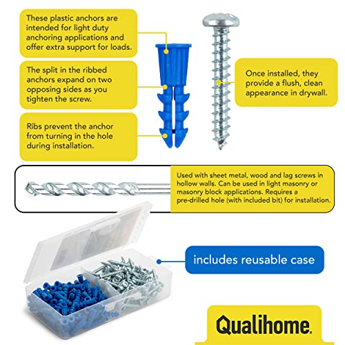 Ribbed Plastic Drywall Anchor Kit with Screws and Masonry Drill Bit, 10
