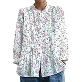 Chicyoo Womens Long Sleeve Button Down Up Shirt Floral Boho Early Fall Clothes Pleated Green Leaves Crewneck Top Work Blouses