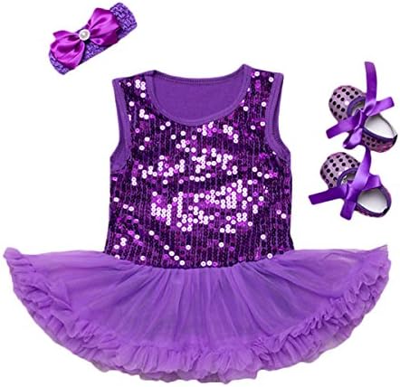 Baby Girls Sequined Romper Dress Headband Shoes 3Pcs Outfits (M (3-6 Months), purple)