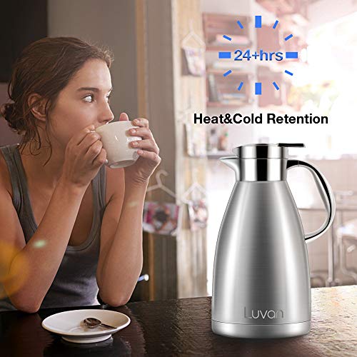 Luvan 304 18/10 Food-grade Stainless Steel Thermal Carafe/Double Walled Vacuum Insulated Coffee Pot with Press Button Top,24+ Hrs Heat&Cold Retention,BPA Free,for Coffee,Tea,Beverage etc (61 Oz)