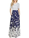 MEROKEETY Women's Summer Short Sleeve Striped Floral Print Elastic Waist Maxi Dress with Pockets