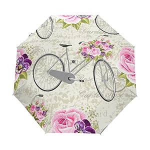 Funnyy Floral Flower Rose Bicycle Sun Rain Auto Open Automatic Folding Portable Umbrella for Girls Boys Women