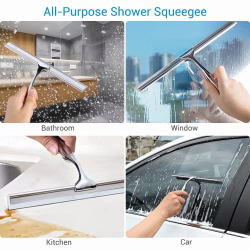 Quntis Escobilla de Silicona para Ducha con Mango de Acero Inoxidable, escobilla limpiacristales para Ventana de baño, Cocina, automóvil, hogar con Soporte de Pared Profesional
