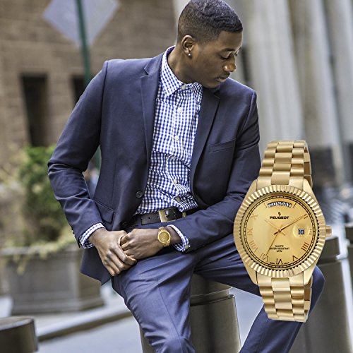 Peugeot 14K All Gold-Plated Day Date Roman Numeral Stainless Steel Big Face Fluted Bezel Luxury Watch 1029G