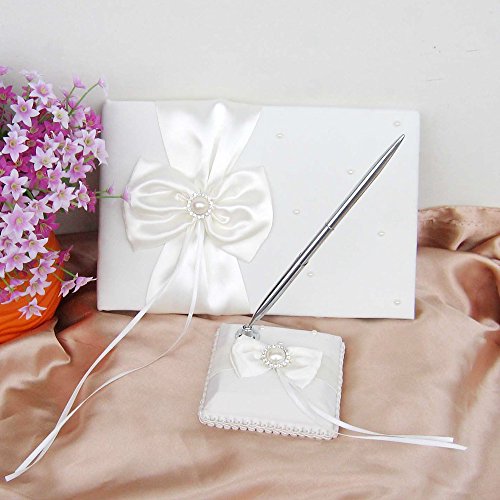 Wedding Flower Girl Basket Rings For Ring Bearer Pillow Garter Guest Book Pen Wedding Set Decoration Ribbon Ceremony Party Favors For Guests (New Ivory with Pearl)
