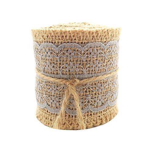 LWR Crafts Natural Burlap Ribbon with Lace (Grey)