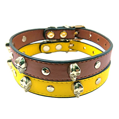 M2cbridge Small Dog Leather Collars Puppy Cat Skull Rivet Necklace, 2 Pack (Brown/Yellow)