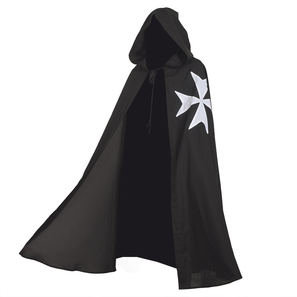BLESSUME Medieval Templar Knight Cloak with Maltese Cross Hospitaller Hooded Robe Cape (black)