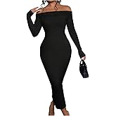 winkbay Women's Off The Shoulder Dresses Elegant Long Sleeve Bodycon Midi Evening Party Cocktail Dresses