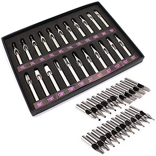 Tattoo Tips Stainless Steel Grip - BoChang 22Pcs Tattoo Stainless Steel Tip Kit with 3Pcs Mixed Tattoo Machine Tubes Handle Grips Tattoo Tip Kits Assorted Round/Flat/Diamond Tip RT FT DT for Tattooing