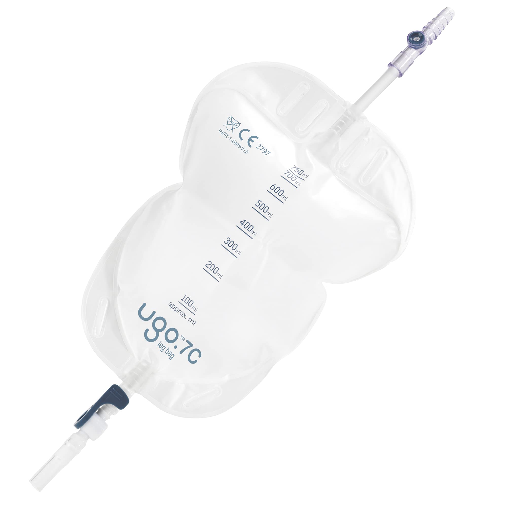Ugo Leg Bags – Urine Drainage Bags/Catheter Leg Bags, T Tap or Lever Tap with Soft Fabric Backing and a Natural Leg-Shape Design (Pack of 10) (7C - 750ml, Short Tube, Lever Tap)