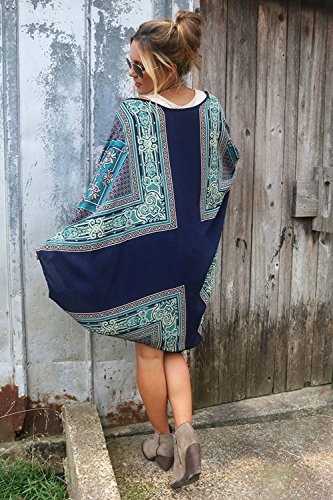 HTDBKDBK Womens Causal Loose Boho Printed Chiffon Loose Shawl Kimono Cardigan Tops Cover Up Blouse Blue