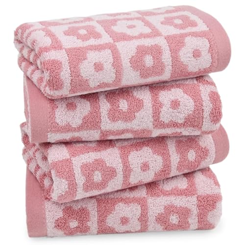 Photo 1 of *INCOMPLETE** Jacquotha Cotton Hand Towels Pink Checkered Floral - Quick Drying Hand Towel Set of 2, for Women Girls Bathroom Decor, 29” x 13”