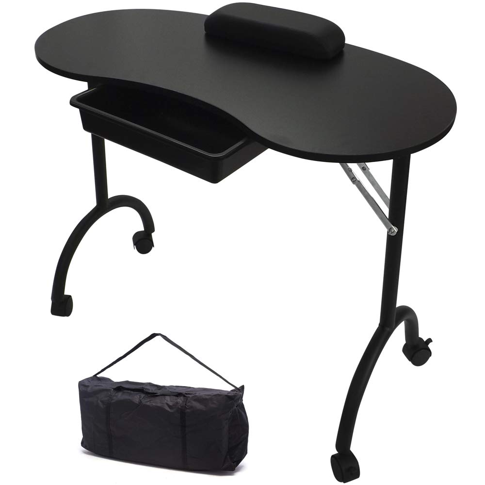 RayGar Black Portable Foldable Mobile Manicure Nail Art Beauty Salon Table Desk With Pull Out Drawer + Wrist Rest + Carry Bag