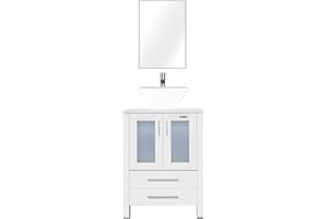 eclife 24" Bathroom Vanity Sink Combo White Stand Cabinet White Round Ceramic Vessel Sink & Chrome Water Save Faucet & Solid Brass Pop Up Drain with Mirror (A06 B02W)