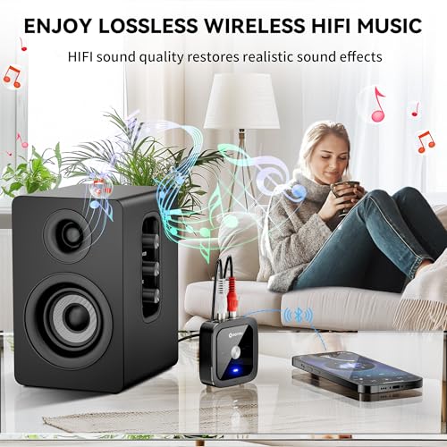 SONRU Bluetooth 6.0 Receiver, HiFi Wireless Audio Adapter with Low Latency, 24-Hour Battery Life, 3.5mm Jack AUX & RCA Output, Aux to Bluetooth Adapter for Speakers/Car/Home Stereo