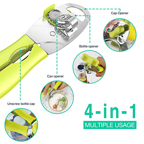 Can Opener, 4-IN-1 Stainless Steel Manual Heavy Duty Tin Opener, with Ergonomic Handle for Kitchen Cooking and Can Opening- Ultra Sharp Cutting Tool, Non-slip Handle for Easy-to-Use