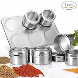 Magnetic Spice Tins with Rack,Stainless Steel Kitchen Spice Jars Set,Clear Top,Shaker Lid, 6pcs x 3 oz-by Xiujanet