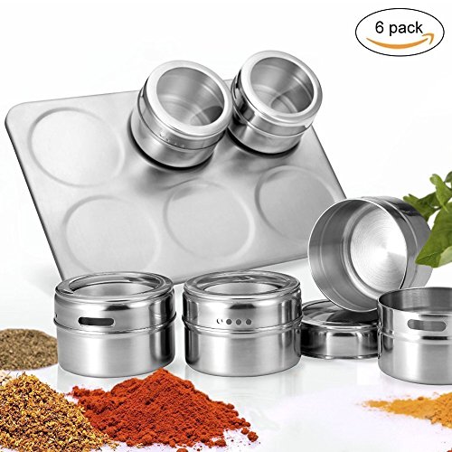 Magnetic Spice Tins with Rack,Stainless Steel Kitchen Spice Jars Set,Clear Top,Shaker Lid, 6pcs x 3 oz-by Xiujanet