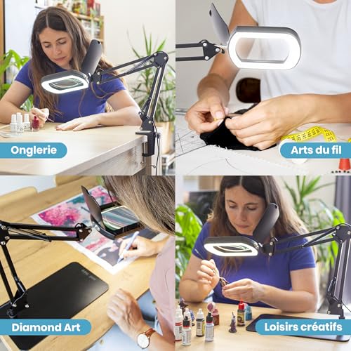Onlyneo - 10X Magnifying Lamp on Stand, Rectangular XL Lens without Distortion, Desk Magnifying Lamp for Reading, Nailing, Diamond Painting, Crafts, DIY, 5 Colour and Brightness Modes