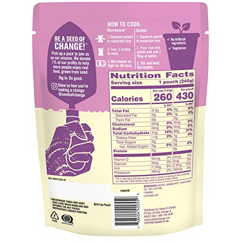 SEEDS OF CHANGE CERTIFIED ORGANIC JASMINE RICE, ORGANIC FOOD, 8.5 OZ POUCH