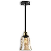 LUXWELL Modern Glass Pendant Light, 5.5"x6.3" Amber Ribbed Globe Light Fixture with Gold Cap, 15"-72" Adjustable Cord, E26 So