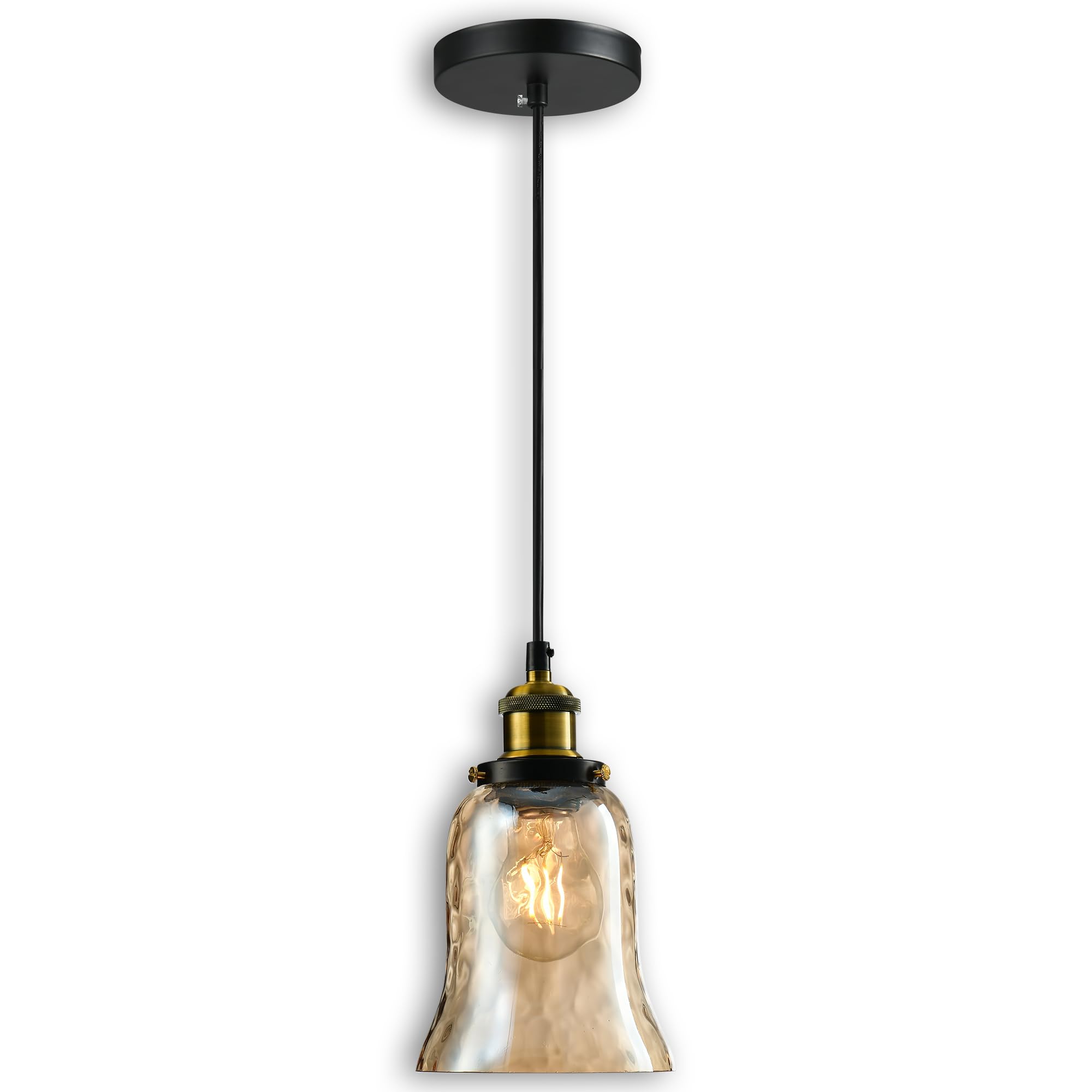 Photo 1 of LUXWELL Modern Glass Pendant Light, 5.5"x6.3" Amber Ribbed Globe Light Fixture with Gold Cap, 15"-72" Adjustable Cord, E26 Socket for Dining or Lounge Areas – Sunrise Glow Trumpet