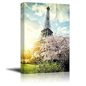 Canvas Prints Wall Art - Springtime in Paris with Eiffel Tower Retro Style | Modern Wall Decor/Home Decoration Stretched Gallery Canvas Wrap Giclee Print & Ready to Hang - 18" x 12"