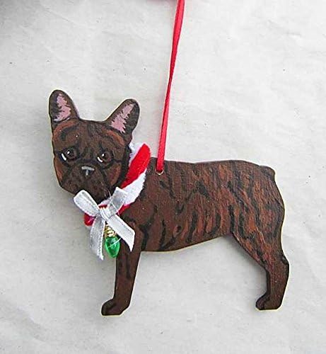 Hand-Painted FRENCH BULLDOG BRINDLE w/Bow Wood Christmas Ornament Artist Original