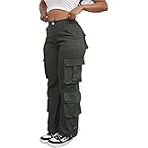 DvaeMalligo Womens Wide Leg Cargo Pants High Elastic Waisted Casual Multi Pockets Loose Fit Straight Y2k Trouser Pants
