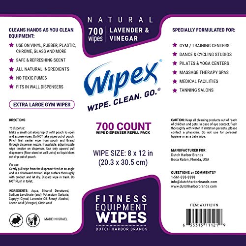 Wipex Gym & Fitness Wipes Refill Pack 700 Large Natural Wipes With Vinegar & Lavender Oil (1 Refill)