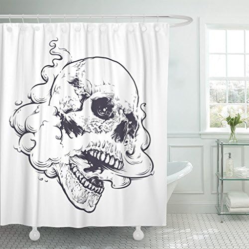 Breezat Shower Curtain Vaping Skull with Steam Coming Out From Mouth and Nose Line Monochrome Tattoo Style Graphic Waterproof Polyester Fabric 60 x 72 Inches Set with Hooks