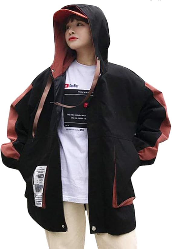 Amazon Ksila アウター レディース ゆったり ジャケット フード付き ジャンパー 長袖 ブルゾン カジュアル おしゃれ スタジャン 原宿系 かわいい 春 ファッション コート ジャケット 通販