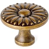 Yanxia Antique Brass Cabinet Knobs, 1.38 Inch, 6 Pack, Floral Medallion | Zinc Alloy Construction, Vintage Round Profile, M4 Screws Included, Kitchen Drawers Dressers Vanities Wardrobes, Indoor Use