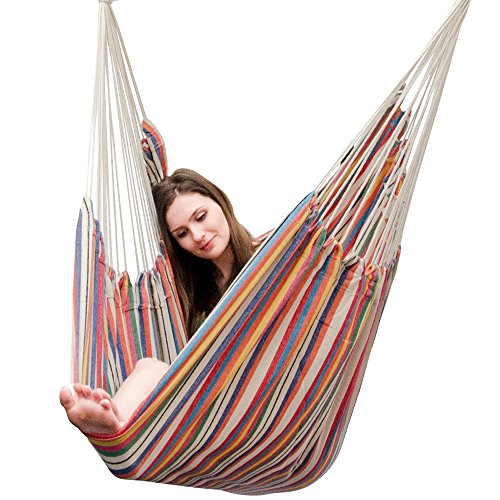 Eyepower XXL Hängesessel 185x130cm Hängestuhl bis 150 kg Baumwolle Hängesitz 2 Personen Hängematte Hängeschaukel Bunte Streifen – Bild 4