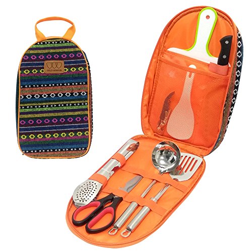 8Pcs Camping Cookware Kitchen Utensil Organizer Travel Set - Portable BBQ Camp Cookware Utensils Travel Kit with Water Resistant Case, Cutting Board, Rice Paddle, Tongs, Scissors, Knife (Orange)