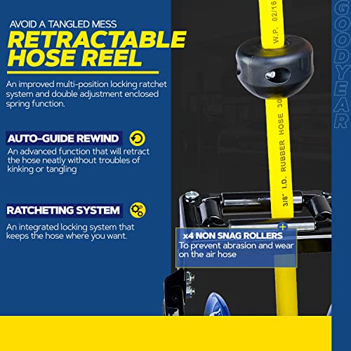 Goodyear Air Hose Reel Retractable 3/8" Inch x 50' Foot SBR Rubber Hose Max 300PSI Heavy Duty