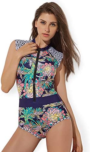 AbuyallWomen Print Rush Guard UV Protection Zip Front Swimsuit One Piece Short Sleeve Surfing Costume
