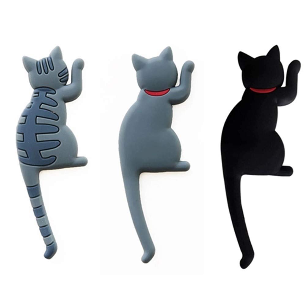 Cute 3D Fun Cat Refrigerator Magnets with Tail Hook, Kitchen Decor Hanger,Office Whiteboard Stickers, Fridge Calendar Key Holder Clip, Set of 3