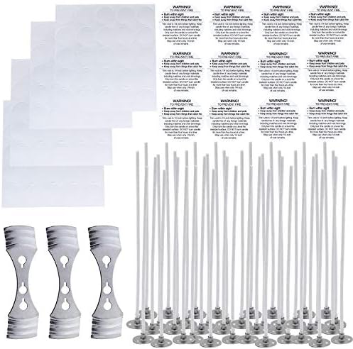 JulWhisper 100Pcs 6" Natural Candle Wick and 100Pcs Candle Stickers, 20Pcs Warning Label, 3 Metal Centering Device for Candle Making