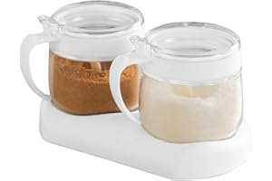NAN Wind Glass Seasoning Box Set,12oz/350 ml Condiment Set With Lids and Spoon,Clear Glass Condiment Canisters,2Pack Scondiment Jar Set for Sugar Pepper for Kitchen Counter(White)
